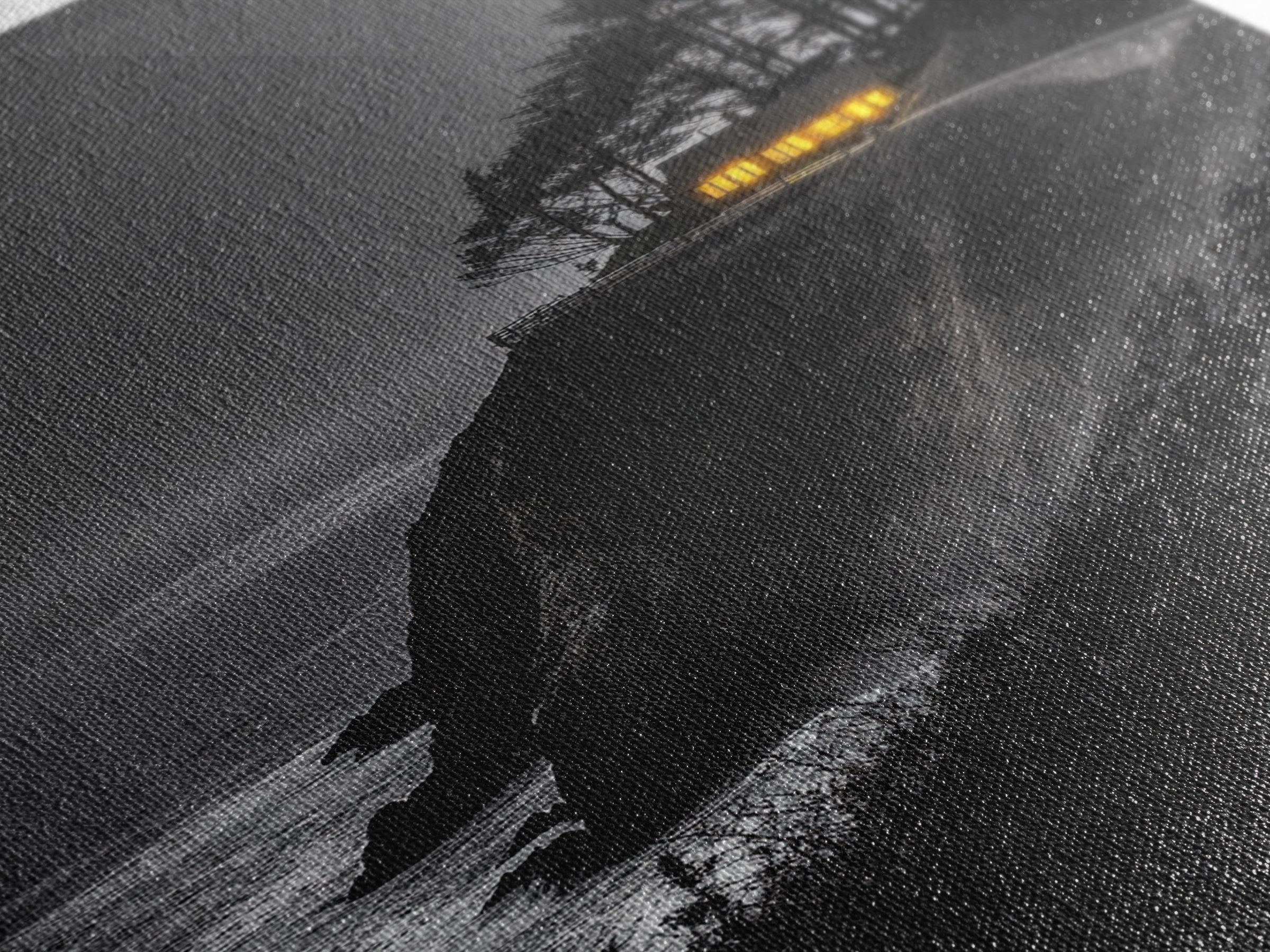 Cabin on Cliff, Moody Coastal Art, Glowing Window, Sunset Seascape, Framed Canvas Print, Minimalist Landscape, Living Room Wall Art