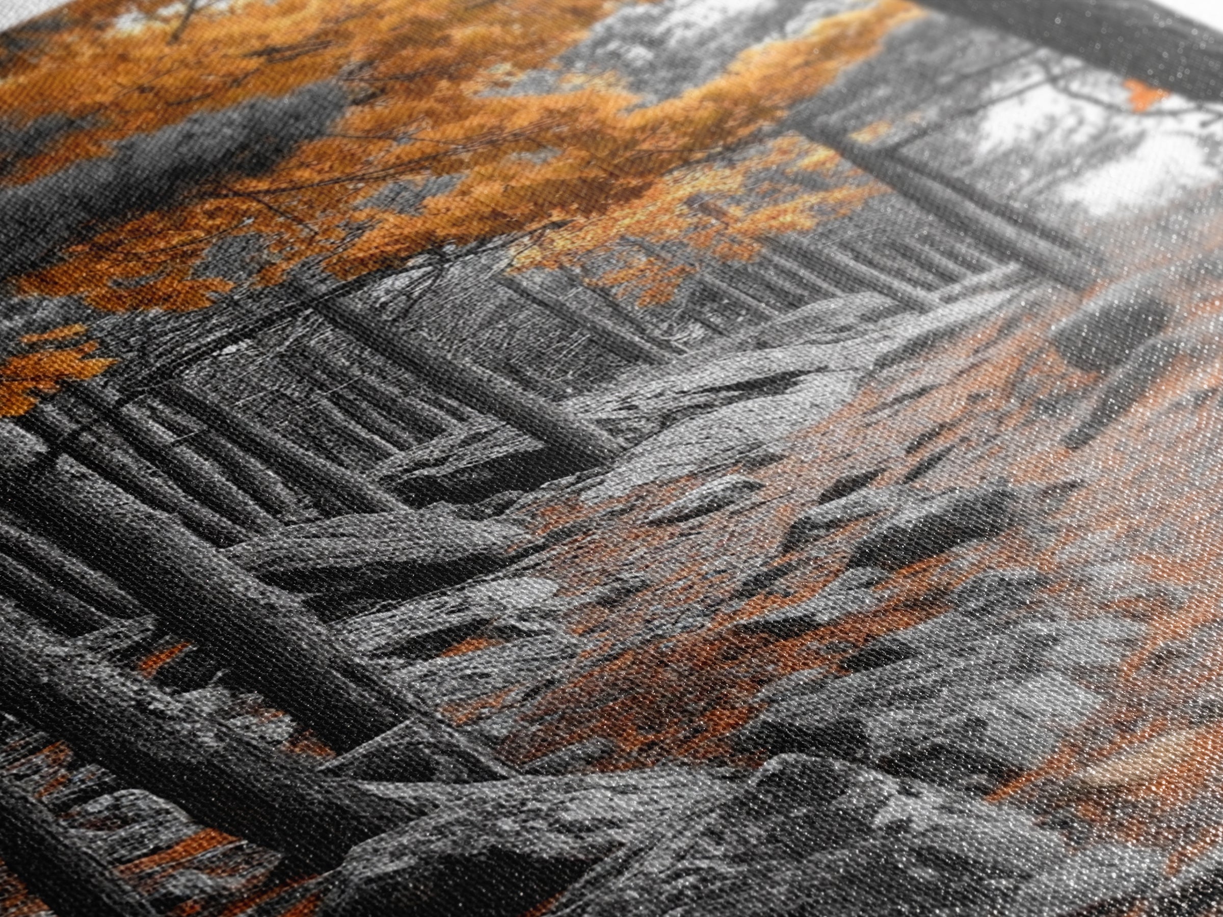 Autumn Forest Path, Orange Leaves, Rocky Woods Trail, Tranquil Nature, Framed Canvas Print, Fall Decor, Cabin Wall Art, Rustic Style