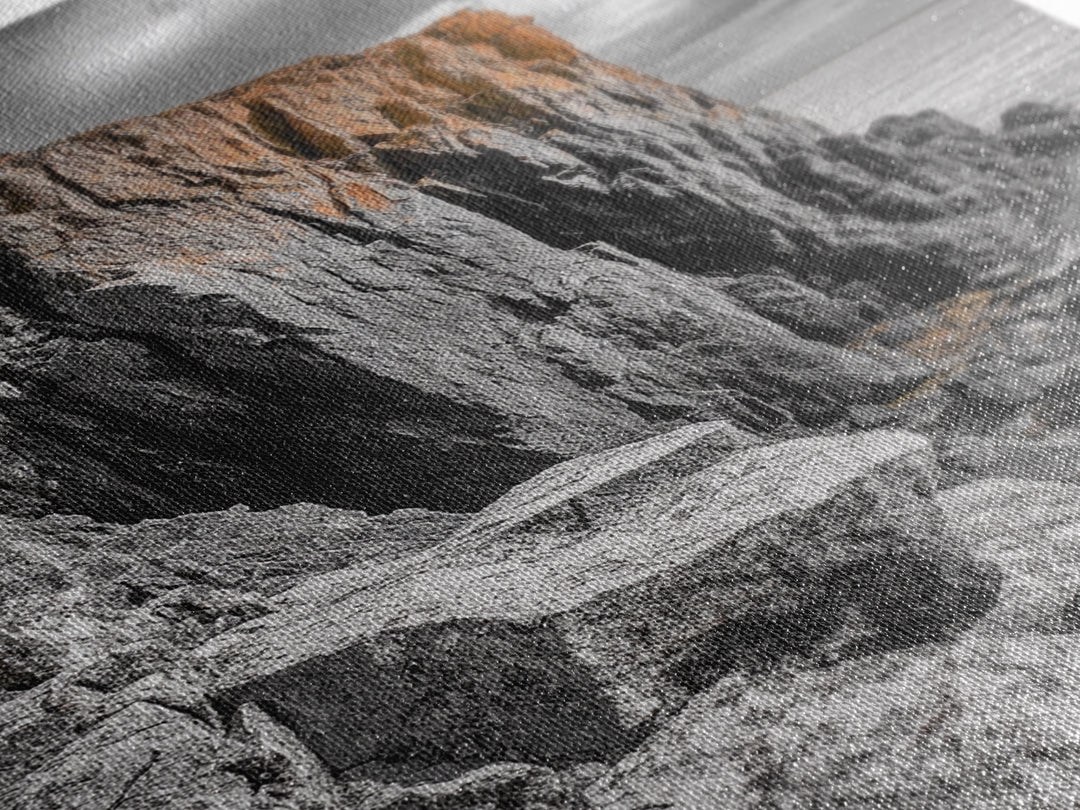 Rugged Cliff Coast, Ocean Rocks, Dramatic Sky, Seaside View, Framed Canvas Print, Coastal Decor, Living Room Wall Art, Earthy Tones