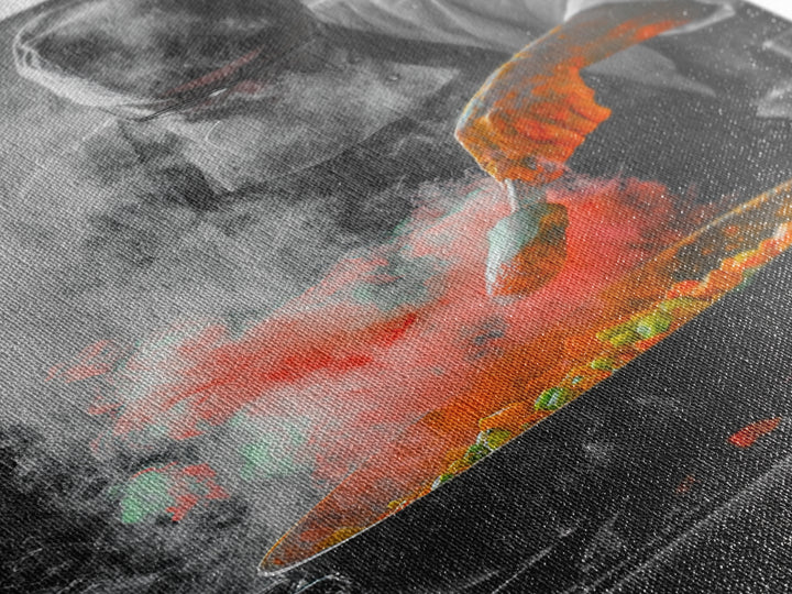 Chef Cooking, Kitchen Smoke, Artistic Culinary Scene, Framed Canvas Print, Modern Kitchen Wall Art, Vibrant Food Art, Chef Decor