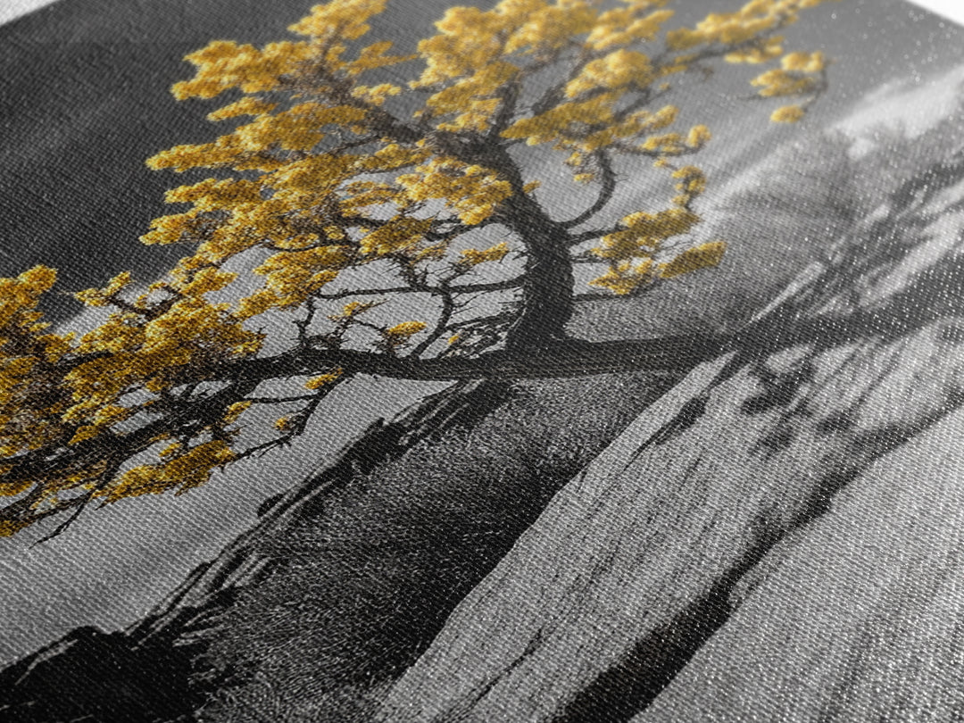 Desert Bloom, Yellow Tree, Rocky Hill, Framed Canvas Print, Southwest Wall Art, Boho Nature Decor, Minimalist Desert Landscape