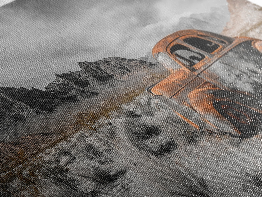 Desert Wreck, Abandoned Car, Moody Landscape, Rusty Vehicle — Framed Canvas Print, Industrial Wall Art, Garage Decor, Western Photography