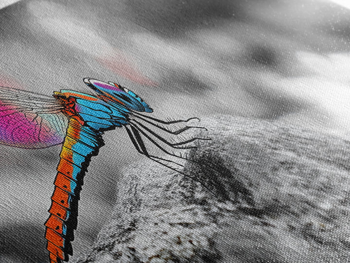 Neon Dragonfly, Nature Insect, Color Burst, Macro Beauty — Framed Canvas Print, Modern Boho Art, Bedroom Wall Art, Nature Photography