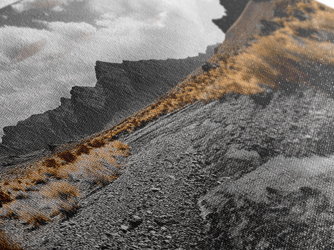 Desert Creek, Rugged Mountains, Golden Shrubs, Nature Path — Framed Canvas Print, Autumn Wall Decor, Rustic Office Art, Landscape Canvas