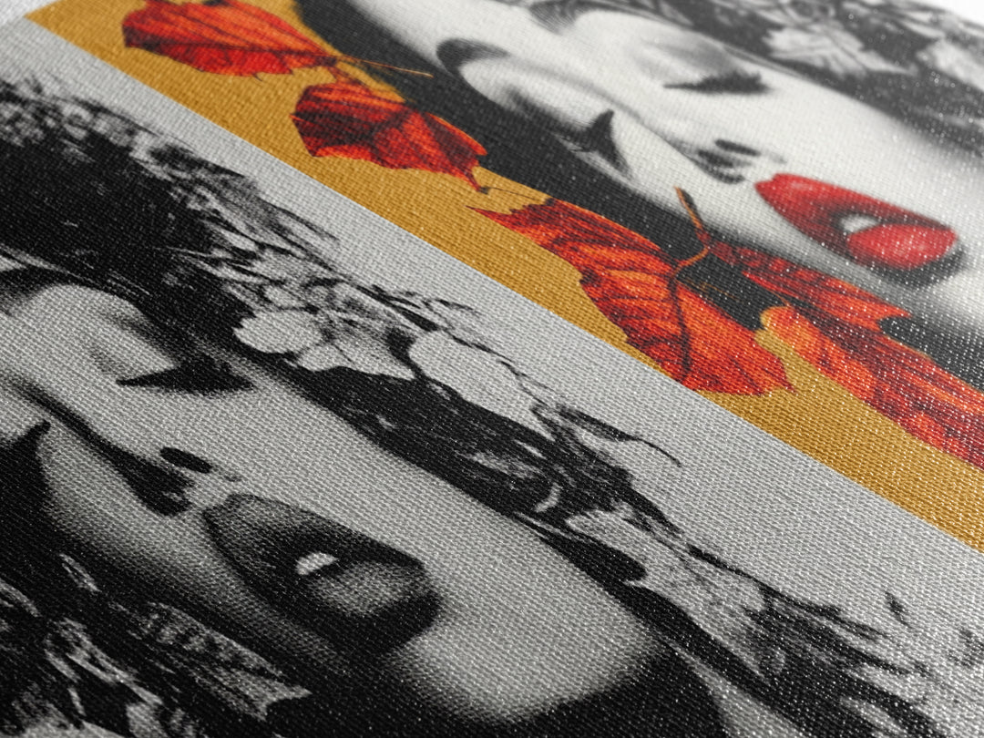 Autumn Leaves, Bold Lips Portrait, Fashion Face Art, Framed Canvas Print, Fall Wall Decor, Modern Bedroom Art, Boho Glam Aesthetic