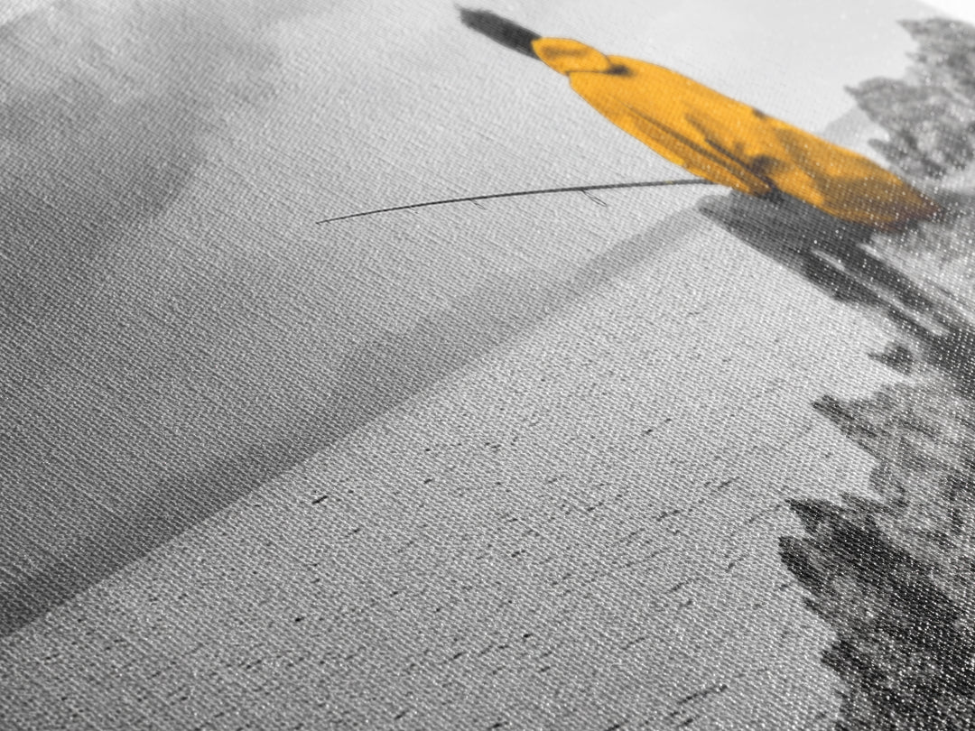 Peaceful Angler View, Yellow Hoodie Fisherman, Canvas Print, Minimalist Seaside Wall Art, Coastal Living Room Art, Fishing Lover Gift