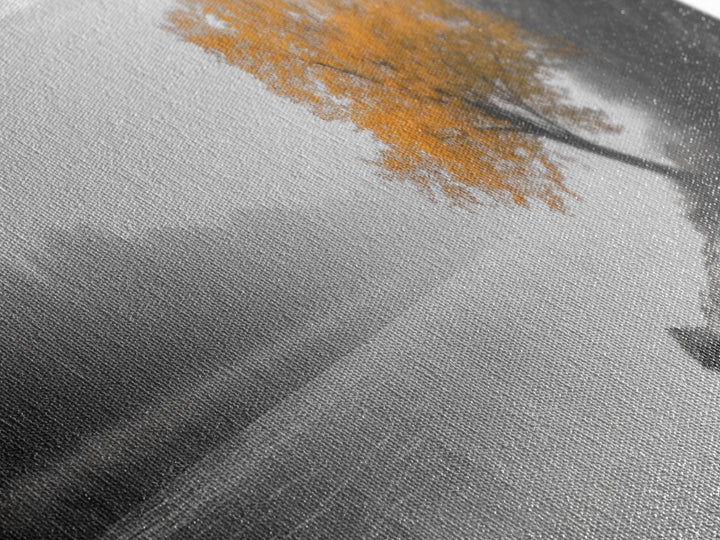 Foggy Riverbank Tree, Orange Fall Tree, Framed Canvas Print, Autumn Nature Scene, Moody Landscape Wall Art, Rustic Bedroom Decor