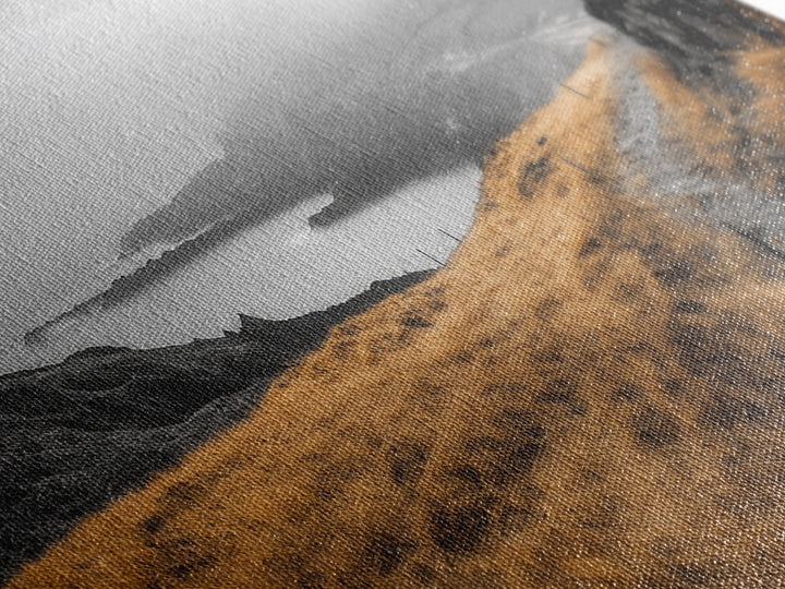 Coastal Cliff Path, Golden Grasses by Sea, Canvas Print, Autumn Hiking Scene, Misty Nature Wall Art, Hallway Landscape Photography