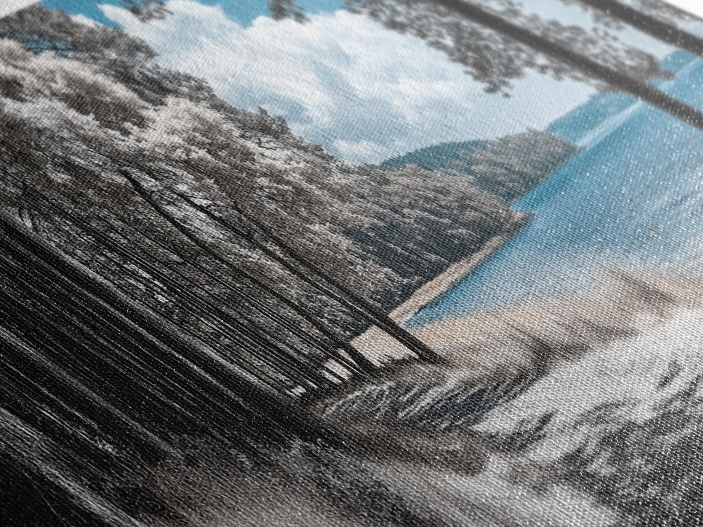 Coastal Forest Path, Lakeside Nature Trail, Tranquil Blue Water, Canvas Print, Minimalist Landscape, Bedroom Wall Art