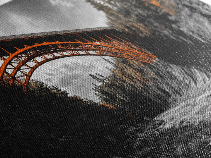 Autumn River Bridge, Orange Iron Arch, Canyon Flow Scene, Framed Canvas Print, Rustic Fall Decor, Entryway Wall Art, Living Room Decor