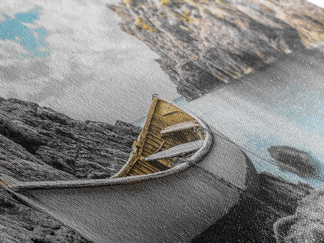 Abandoned Rowboat, Rustic Shore, Autumn Cove, Island Serenity, Framed Canvas Print, Lakehouse Decor, Coastal Wall Art, Nature Print