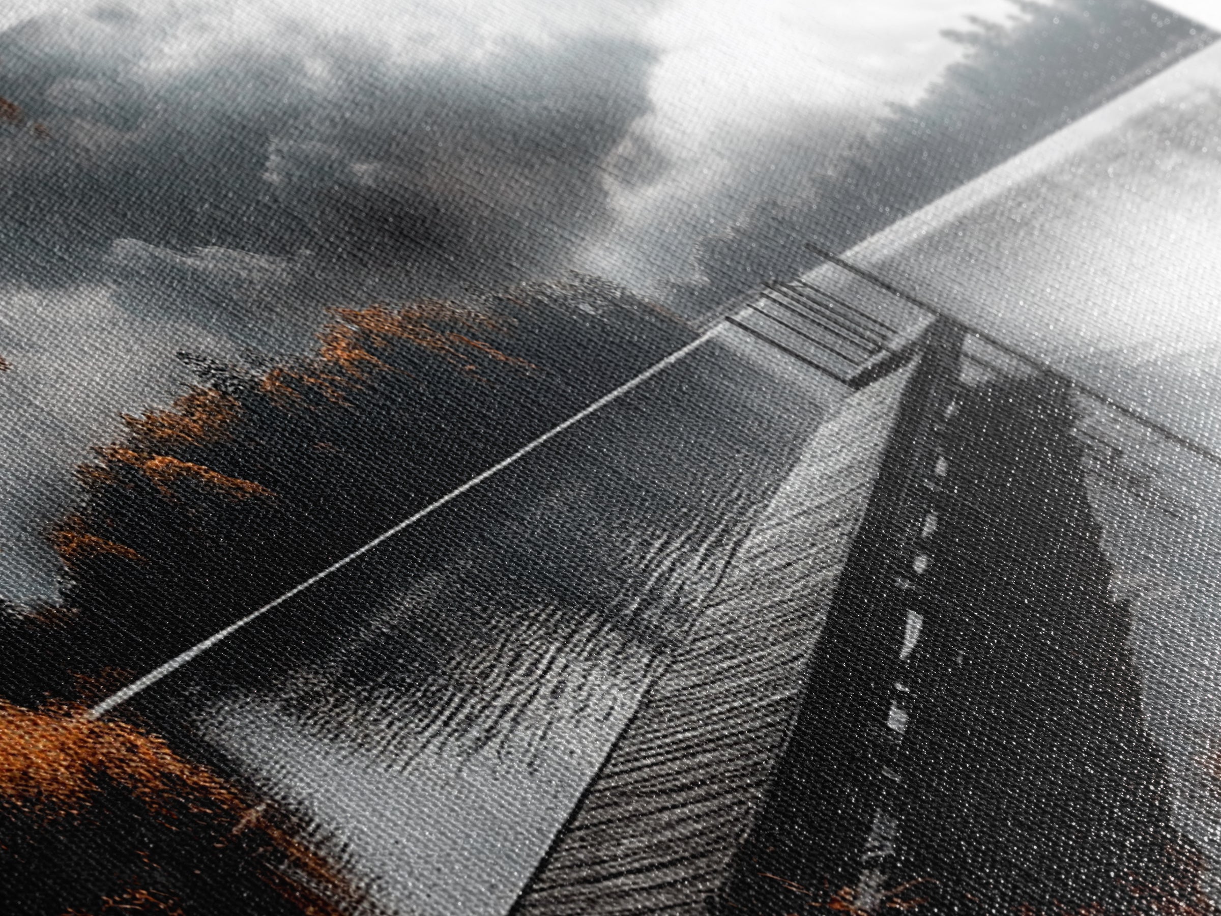 Autumn Lake, Stormy Sky, Wooden Dock, Canvas Print, fall landscape wall art, cozy home decor, cabin style print, orange forest reflections