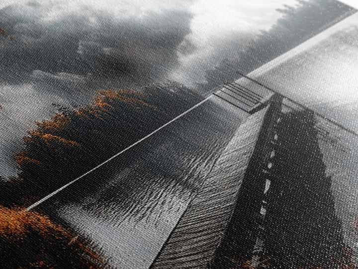 Autumn Lake, Stormy Sky, Wooden Dock, Canvas Print, fall landscape wall art, cozy home decor, cabin style print, orange forest reflections