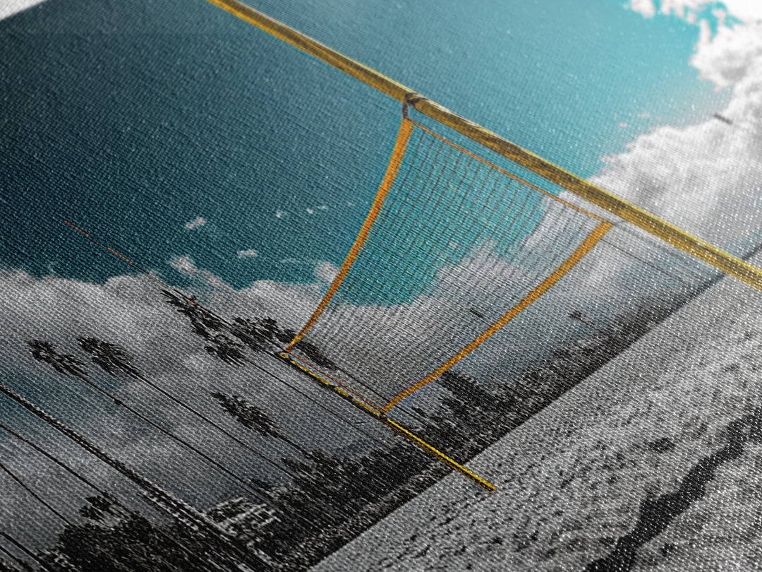 Beach Volleyball, Palm Trees, Summer Sport, Coastal Minimalism, Framed Canvas Print, Rec Room Wall Art, Sporty Vibe Decor