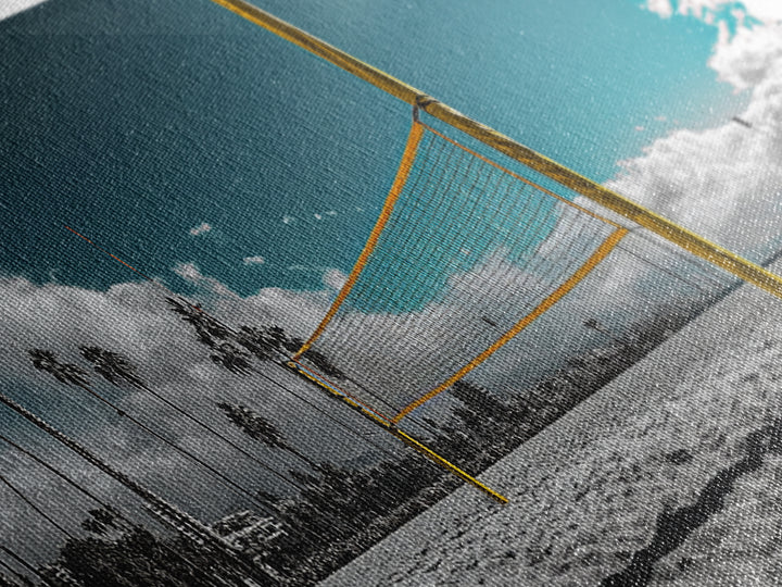 Beach Volleyball, Palm Trees, Summer Sport, Coastal Minimalism, Framed Canvas Print, Rec Room Wall Art, Sporty Vibe Decor