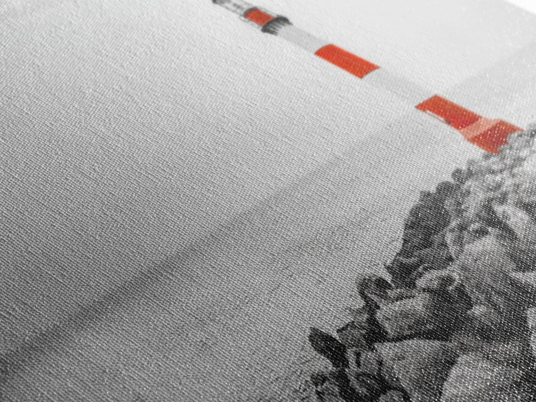 Rocky Shore, Coastal Guide, Red Lighthouse, Ocean Cliff Scene, Framed Canvas Print, Nautical Wall Decor, Bathroom Wall Art, Minimalist Art