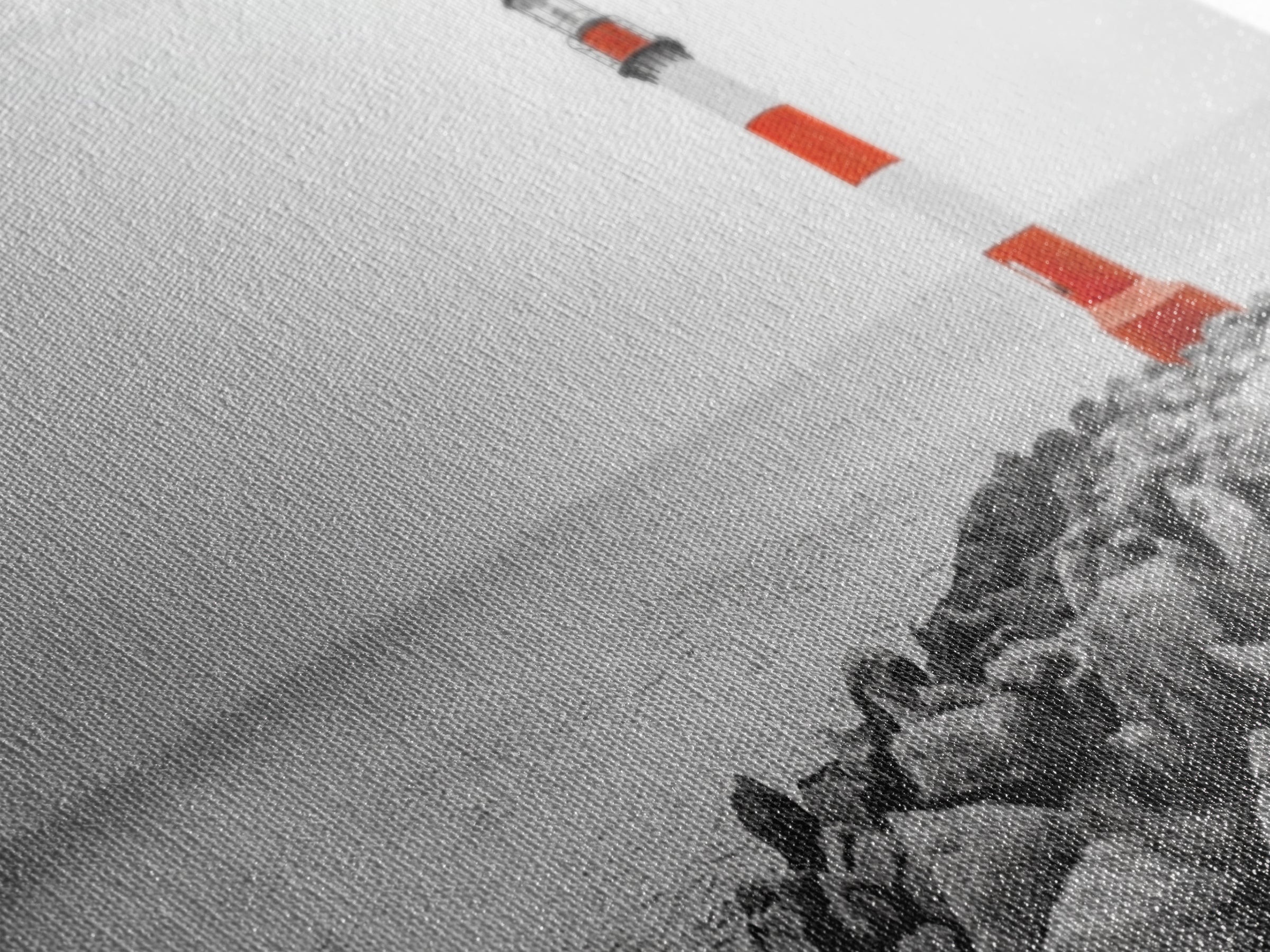 Rocky Shore, Coastal Guide, Red Lighthouse, Ocean Cliff Scene, Framed Canvas Print, Nautical Wall Decor, Bathroom Wall Art, Minimalist Art