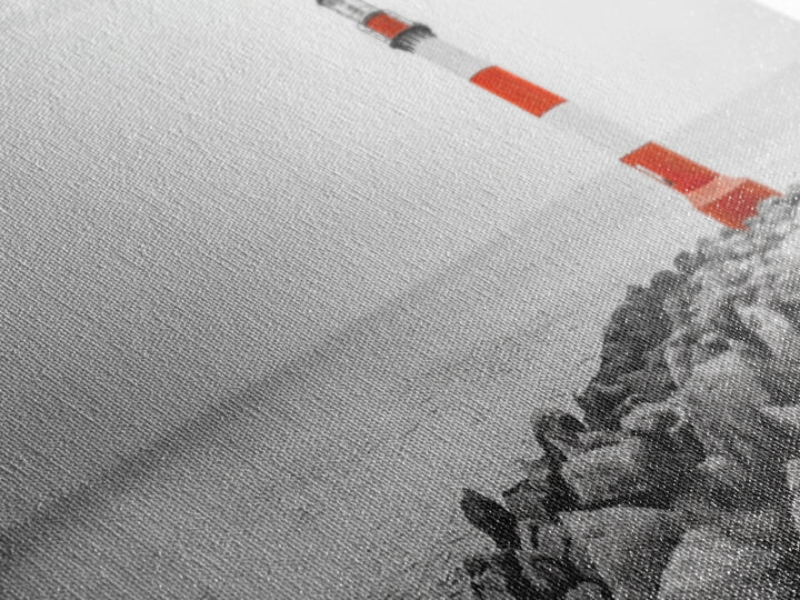 Rocky Shore, Coastal Guide, Red Lighthouse, Ocean Cliff Scene, Framed Canvas Print, Nautical Wall Decor, Bathroom Wall Art, Minimalist Art