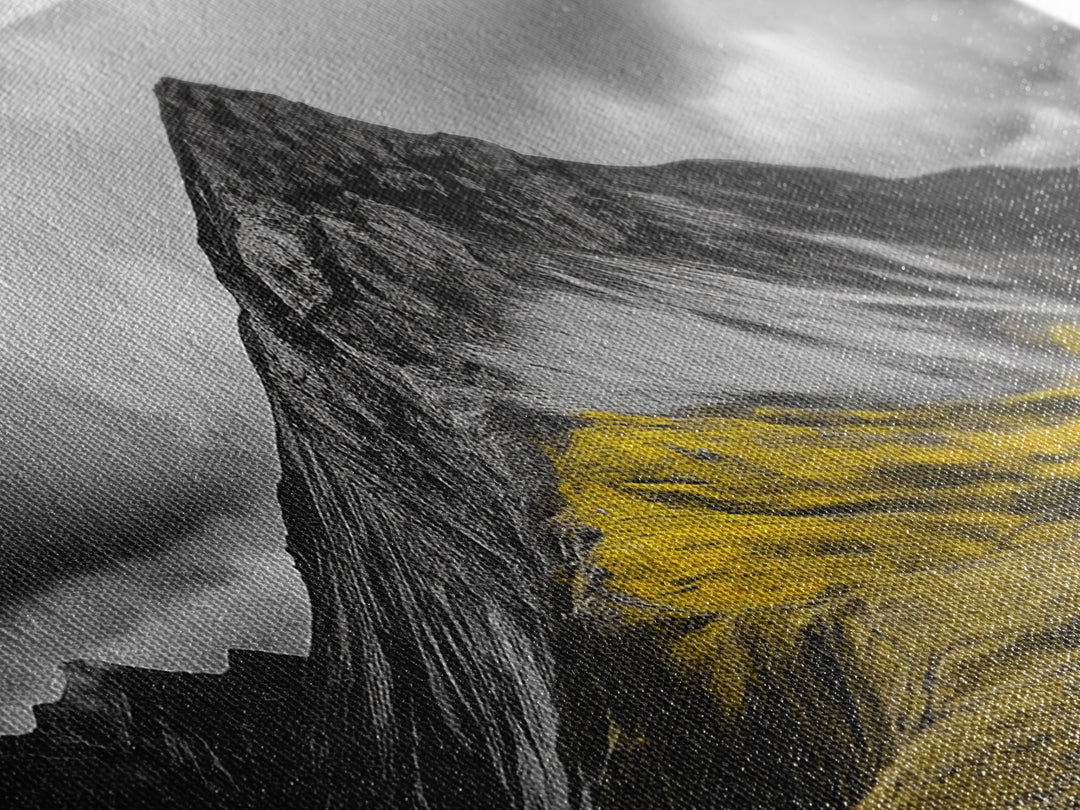 Black Mountain Peak, Moody Sky, Bold Yellow Hillside, Framed Canvas Print, Nature Art, Bedroom Wall Decor, Modern Landscape Print