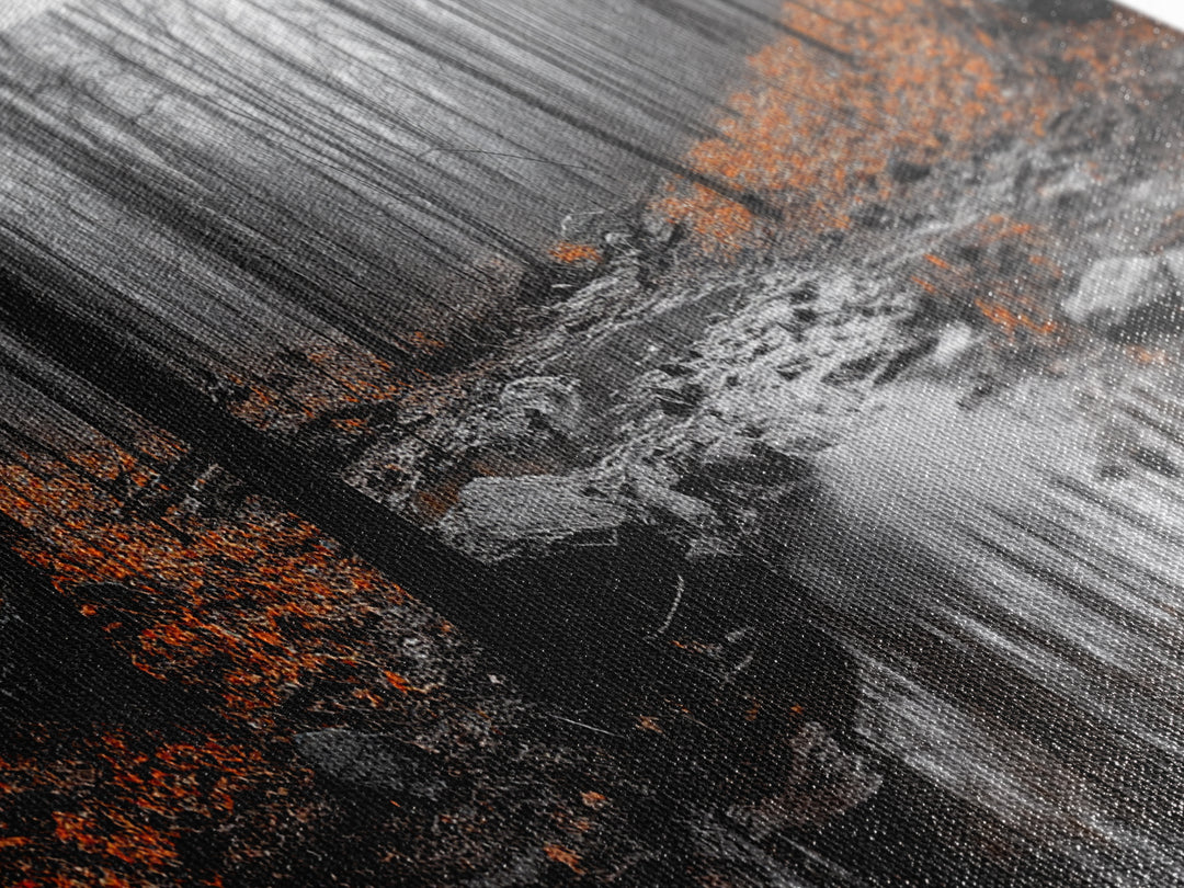 Autumn Forest Stream, Bare Trees, Orange Leaves, Framed Canvas Print, Fall Wall Art, Cozy Nature Scene, Entryway Decor