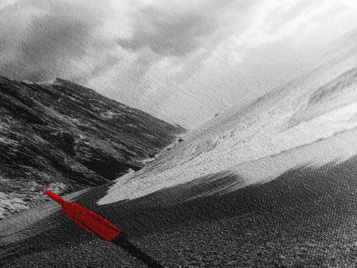 Red Jacket Wanderer, Moody Coastal Cliff Scene, Monochrome Photography, Framed Canvas Print, Modern Minimalist Office Wall Art