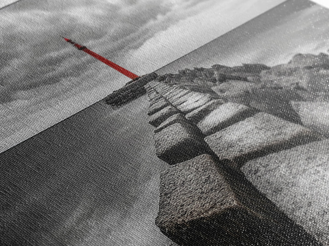 Red Lighthouse Coast, Seaside Rock Jetty, Stormy Sky Mood, Nautical Beacon View, Canvas Print, Bathroom Wall Art, Coastal Modern Decor