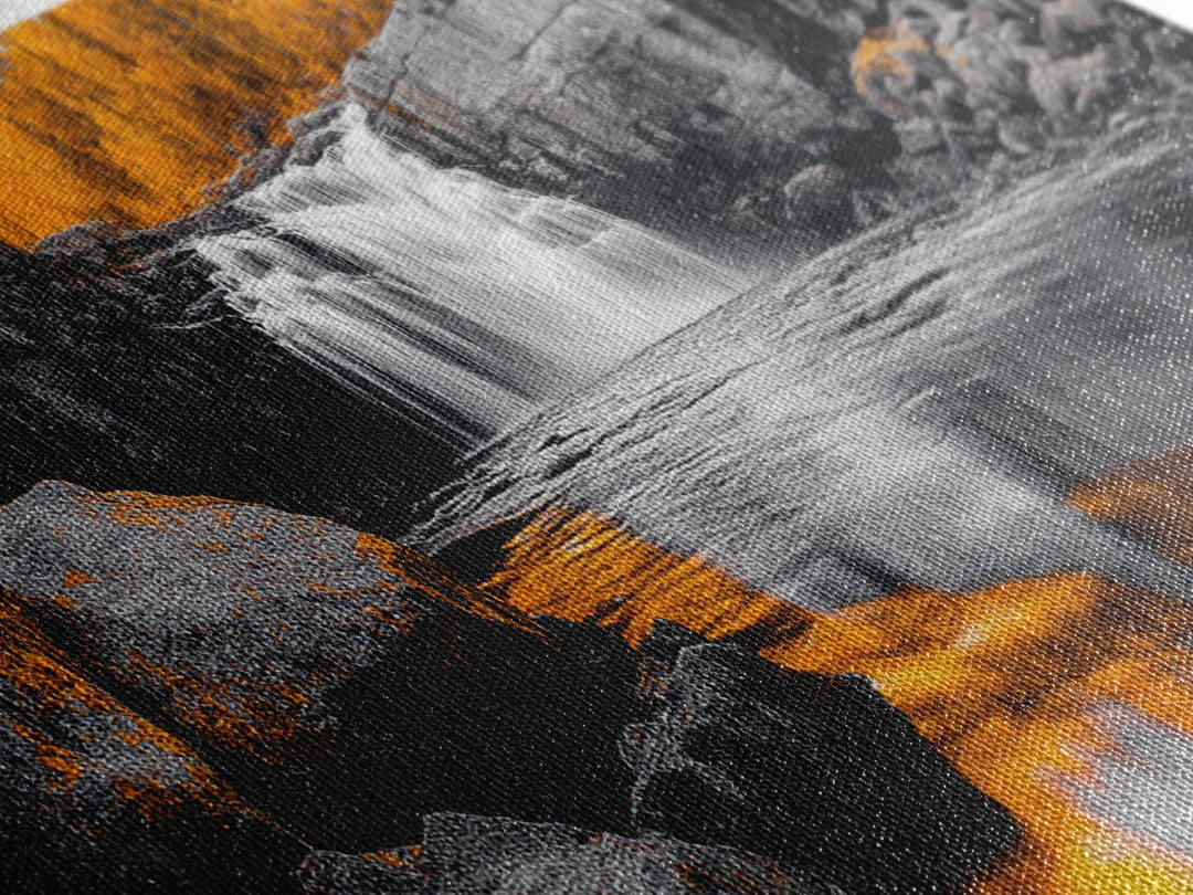 Autumn Waterfall, Fall Trees, Golden Reflections, Tranquil Scene, Framed Canvas Print, Nature Wall Art, Seasonal Decor, Cozy Living Room