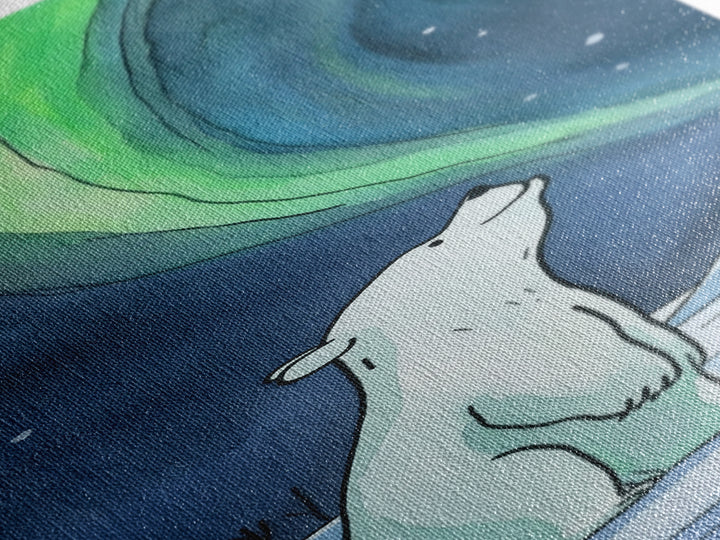 Polar Bear Watching Northern Lights Wall Art, Aurora Canvas Print, Arctic Animal Art, Nursery Decor, Winter Nature Wall Decor