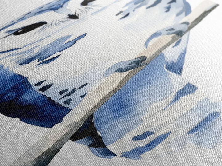 Blue And White Owl On Branch Canvas Print, Minimal Watercolor Bird Art, Nursery Wall Decor, Coastal Blue Bedroom Art Gift
