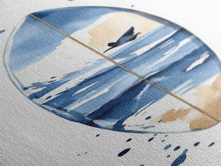 Blue Wave Surfboard With Birds Canvas Print, Coastal Wall Art, Ocean Decor, Beach House Surf Poster, Living Room Art, Modern Coastal Art
