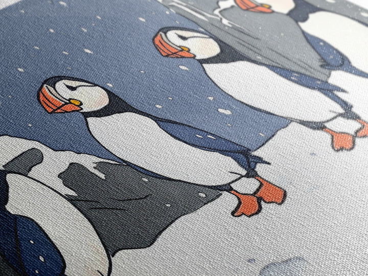 Four Puffins In Snowy Arctic Landscape Canvas Print, Whimsical Animal Wall Art For Kids Room, Nursery, Coastal Winter Decor
