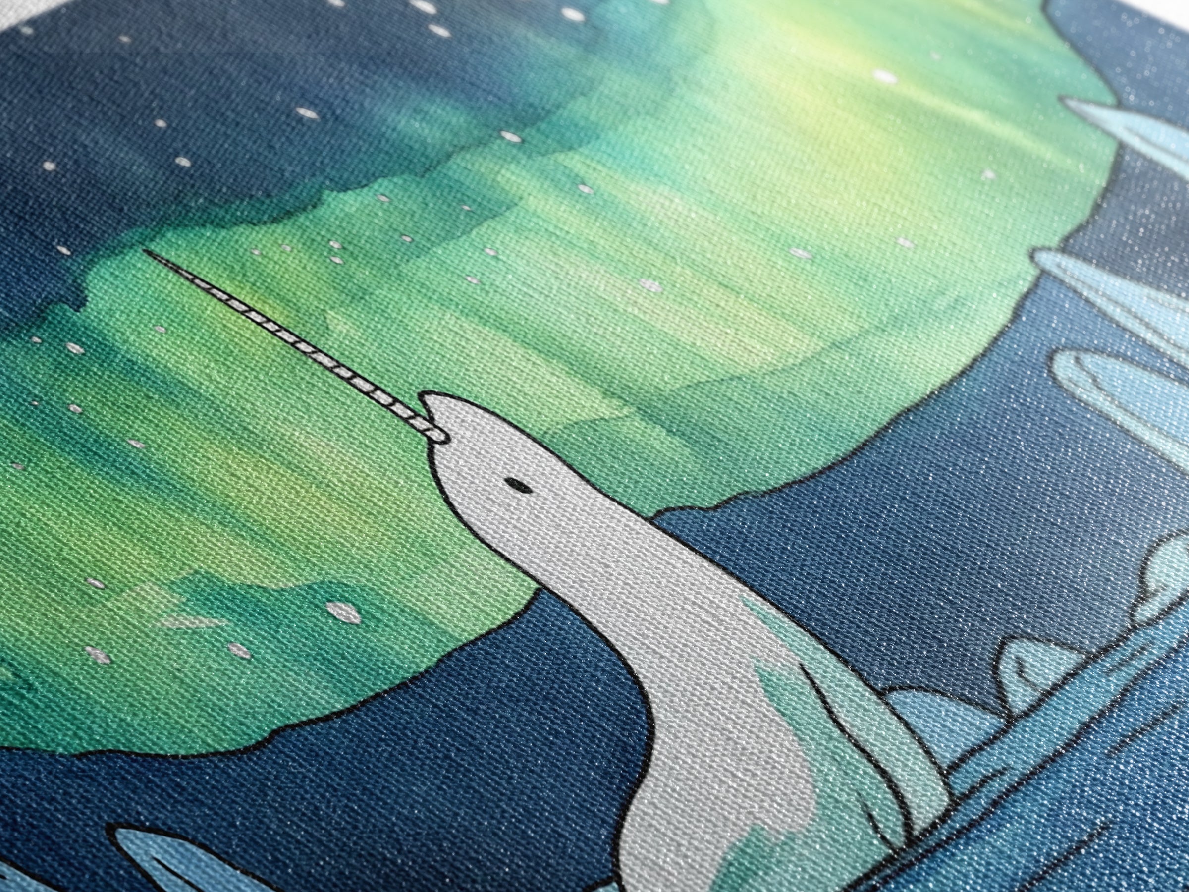 White Narwhal Under Northern Lights Canvas Print, Arctic Ocean Wall Art For Nursery, Kids Room, Coastal Decor, Fantasy Gift