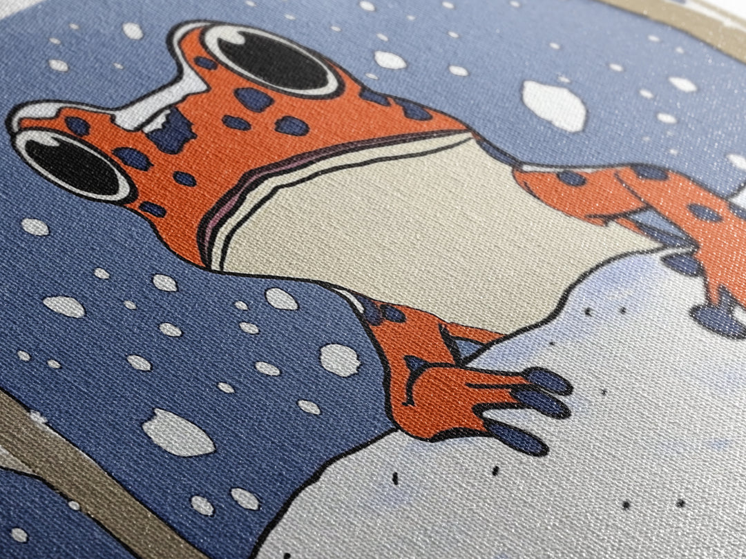 Orange Spotted Frog In Snowy Forest Wall Art, Whimsical Animal Print, Winter Nursery Decor, Cute Kids Room Canvas Art Housewarming Gift