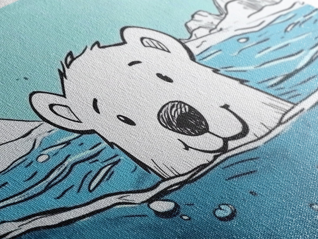 Smiling Polar Bear Swimming In Icy Sea Wall Art, Playful Arctic Animal Print, Ocean Nursery Decor, Kids Room Canvas Gift