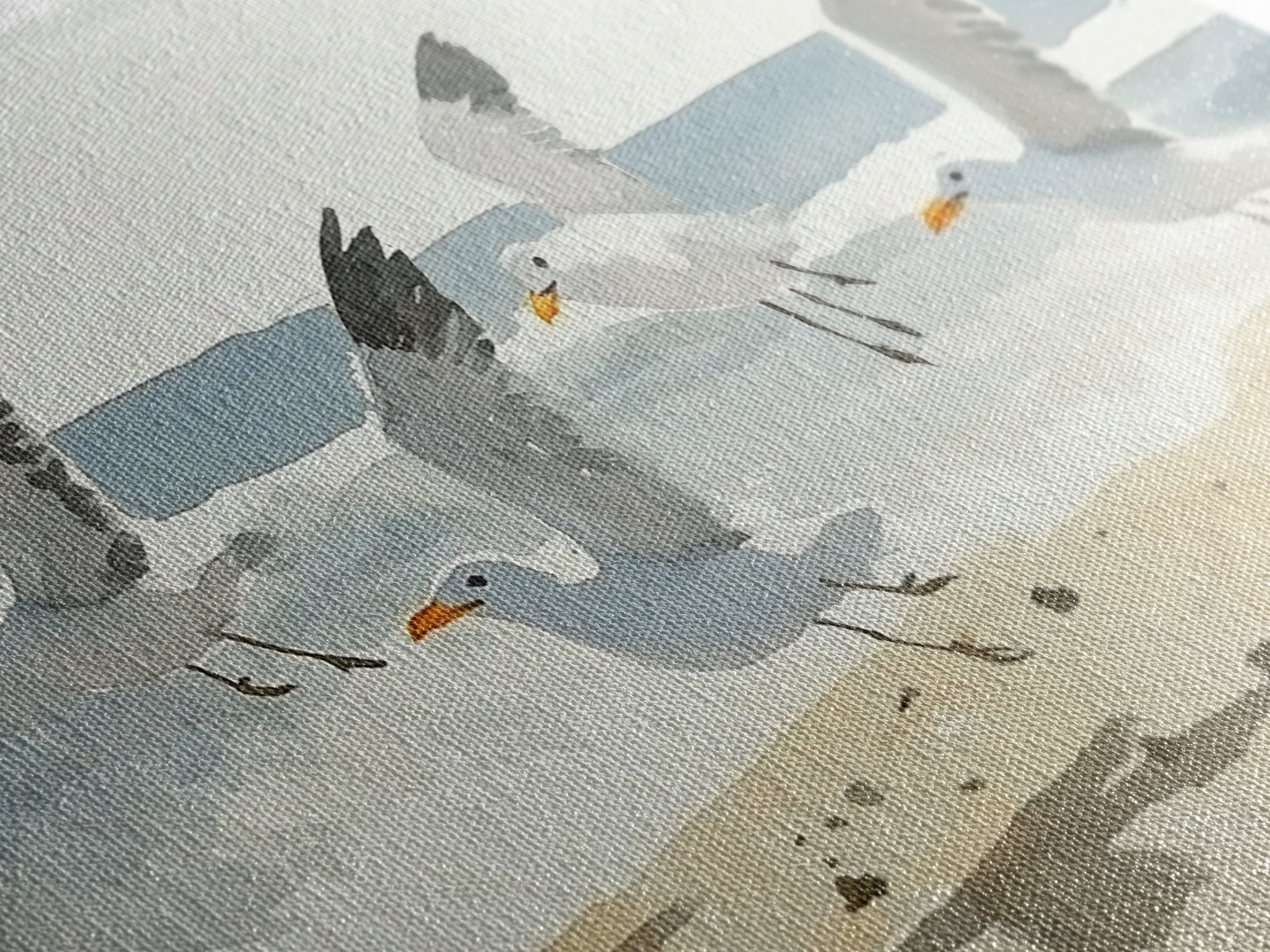Flying Seagulls Over Sandy Watercolor Beach Wall Art, Coastal Ocean Canvas Print, Nautical Seascape Decor, Beach House Gift