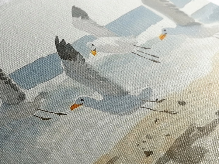 Flying Seagulls Over Sandy Watercolor Beach Wall Art, Coastal Ocean Canvas Print, Nautical Seascape Decor, Beach House Gift