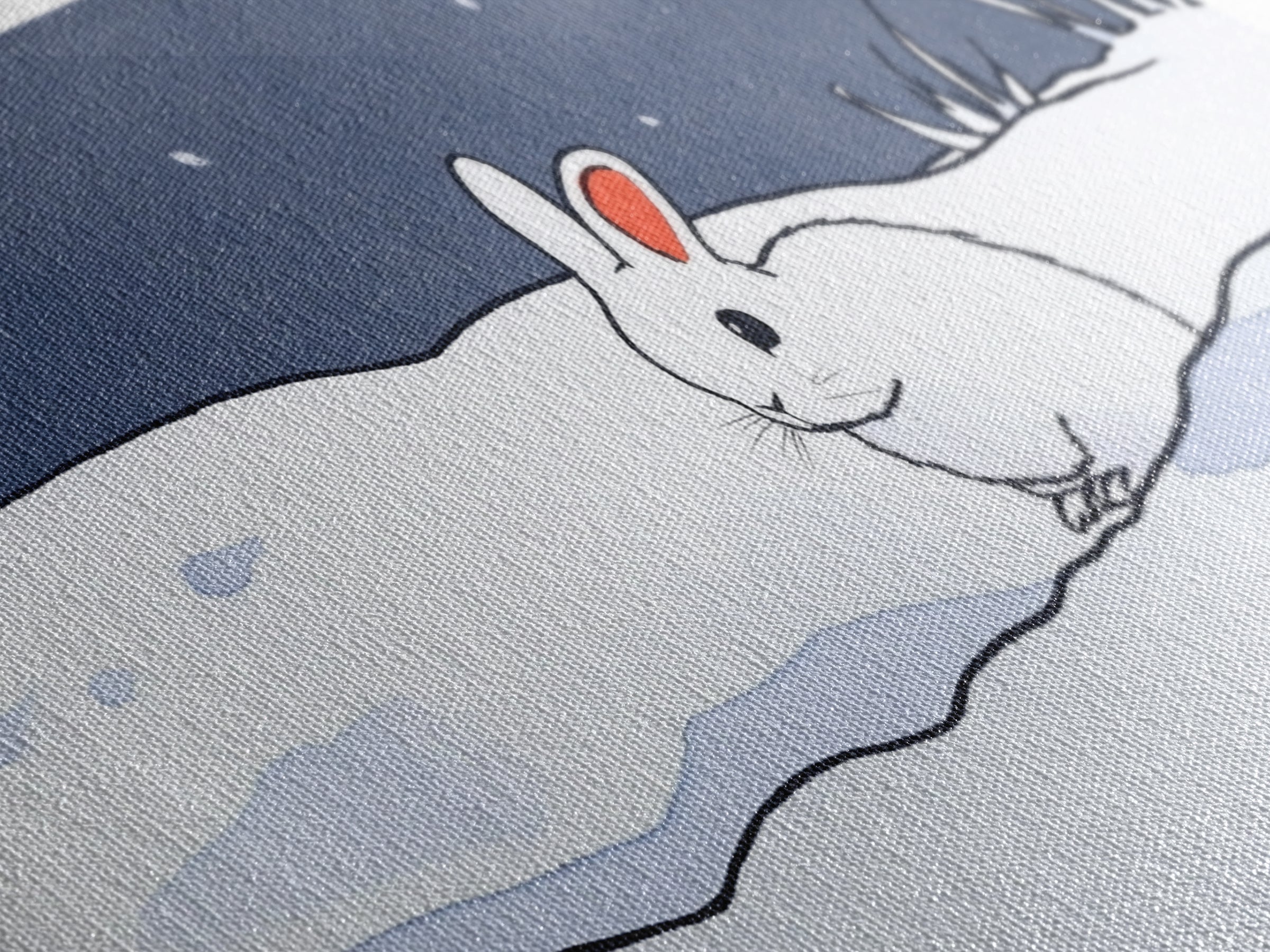 Little White Rabbit In Snow Canvas Print, Minimal Winter Wall Art, Nursery Animal Art, Scandinavian Kids Room Decor Gift