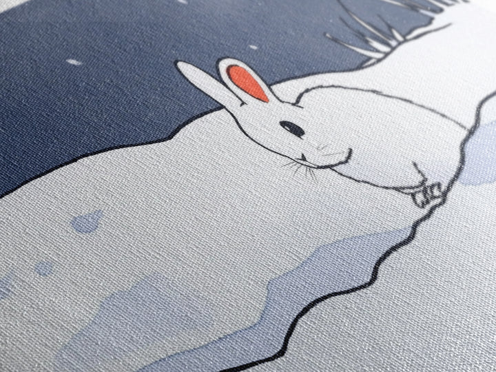 Little White Rabbit In Snow Canvas Print, Minimal Winter Wall Art, Nursery Animal Art, Scandinavian Kids Room Decor Gift