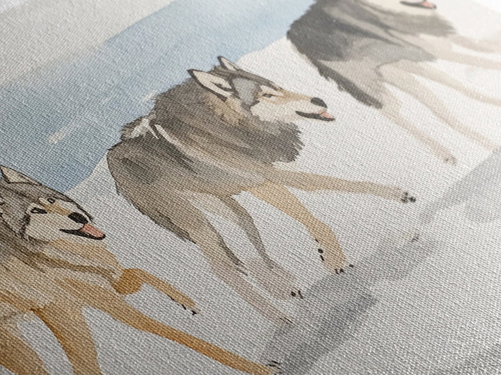 Three Running Wolves In Snow, Framed Canvas Print, Wildlife Wall Art, Rustic Cabin Decor, Winter Landscape, Gift For Him