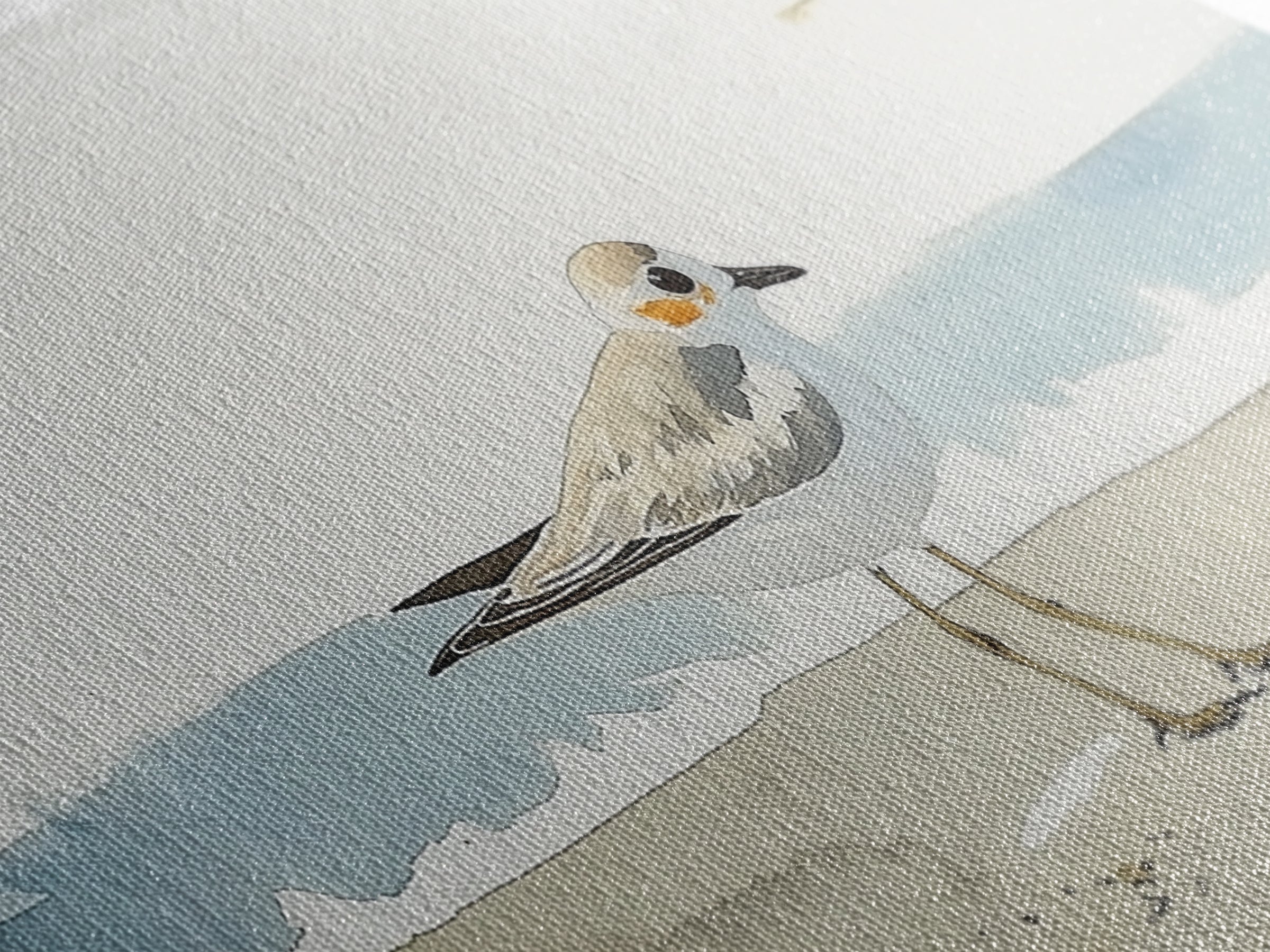 Tiny Snowy Plover Beside Gentle Surf Canvas Print, Watercolor Bird Art, Coastal Wall Art, Beach House Decor, Nature Print