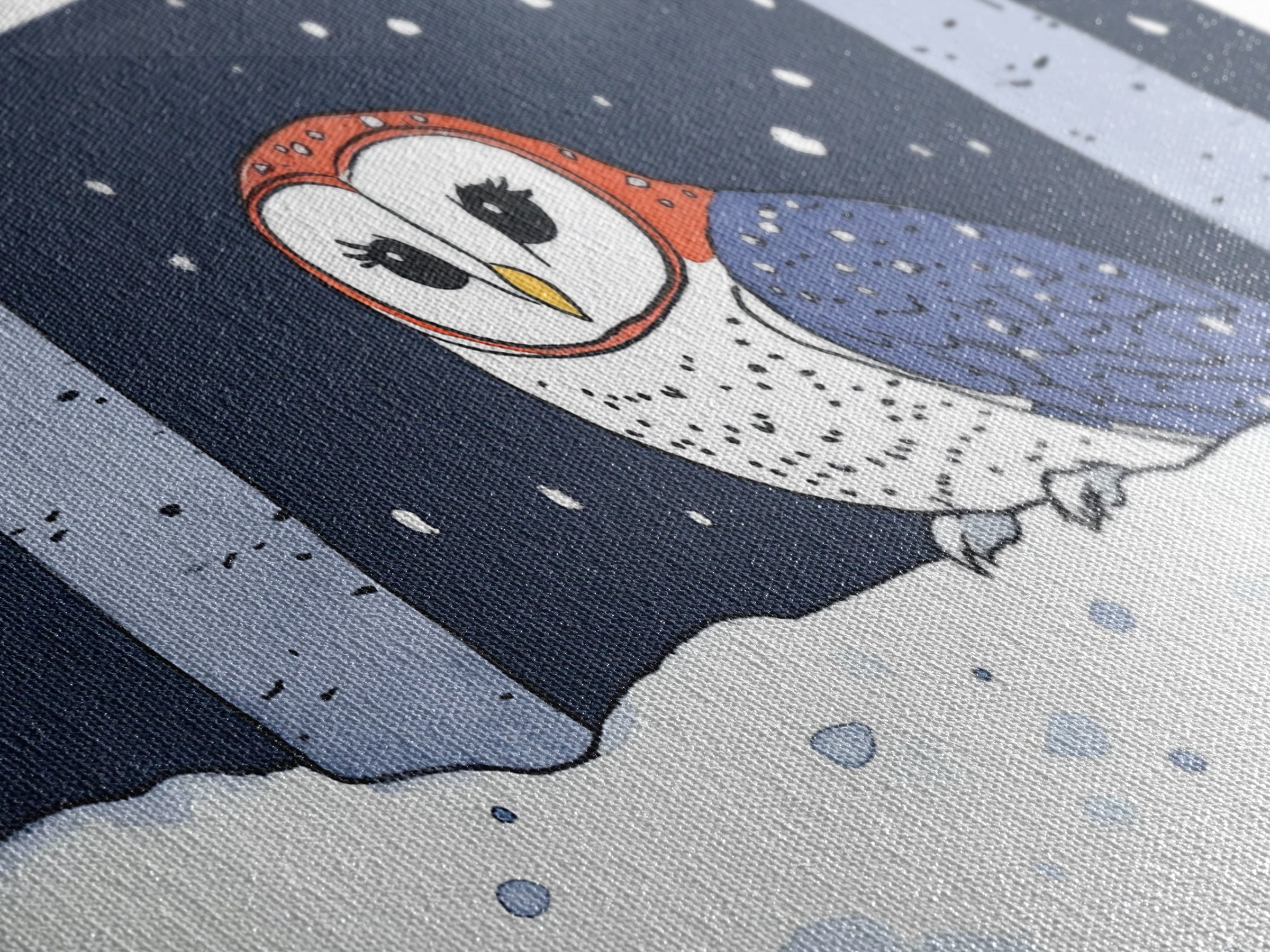 Cute Red And Blue Owl In Snow Wall Art, Woodland Nursery Decor, Whimsical Bird Print, Winter Animal Canvas For Kids Room
