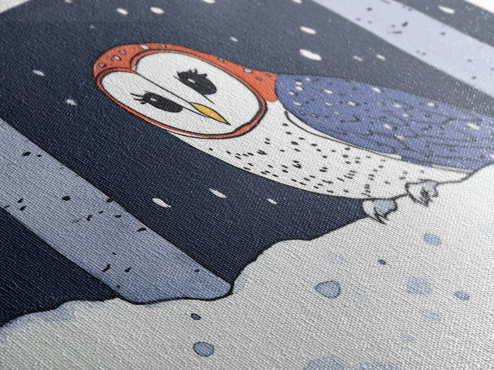 Cute Red And Blue Owl In Snow Wall Art, Woodland Nursery Decor, Whimsical Bird Print, Winter Animal Canvas For Kids Room