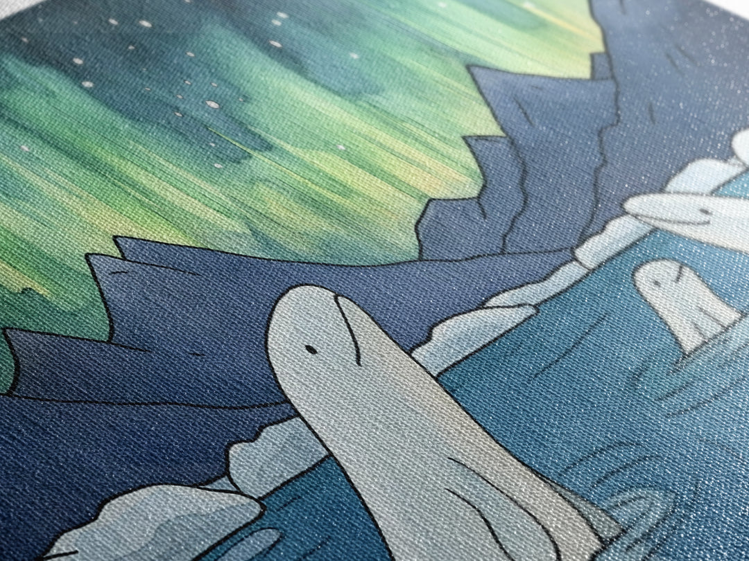 Beluga Whales Under Aurora Framed Canvas Print, Arctic Ocean Wildlife Wall Art, Nursery Decor, Kids Room Animal Art Prints