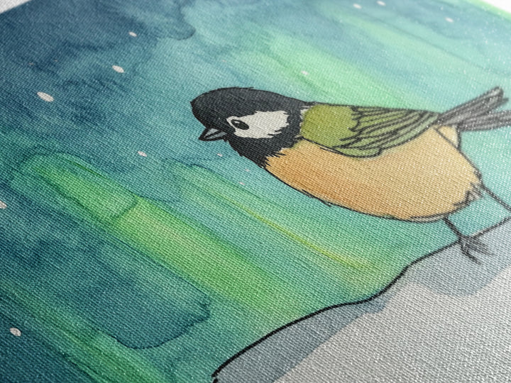 Chickadee Under Northern Lights Wall Art, Whimsical Bird Art Print, Celestial Nursery Decor, Kids Room Decor, Winter Wall Art
