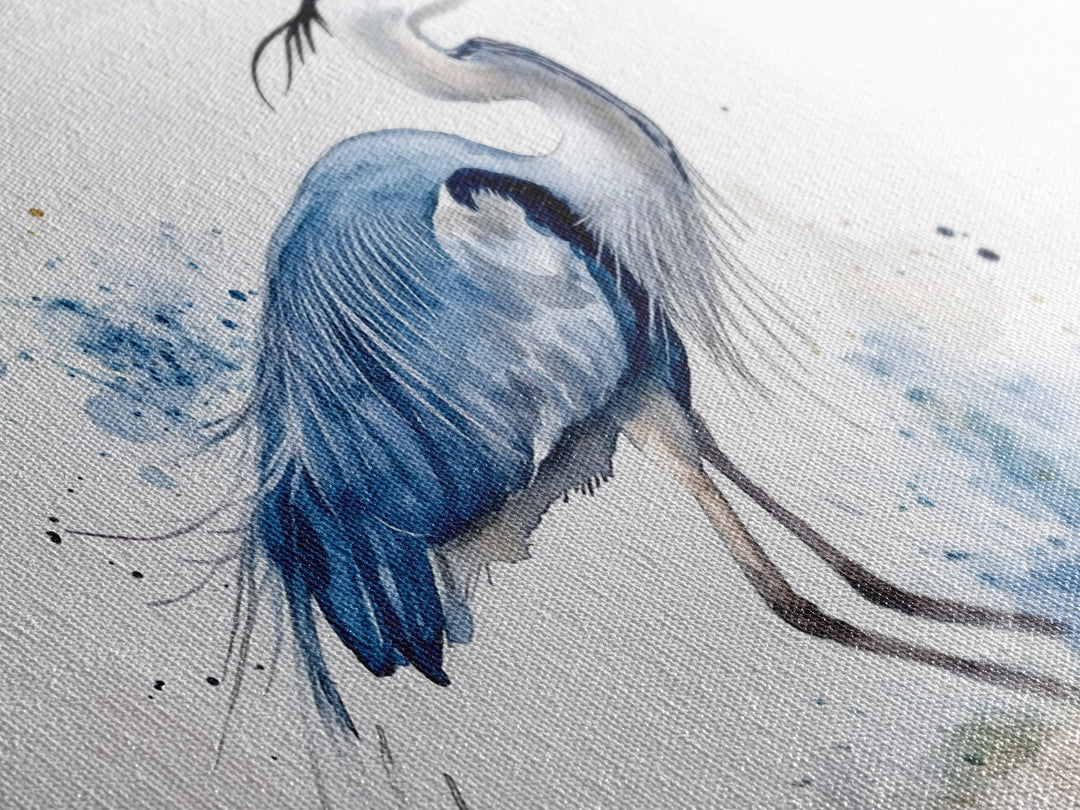 Blue Heron Watercolor Canvas Print, Elegant Coastal Bird Wall Art, Nautical Wildlife Decor, Beach House Living Room Art Print