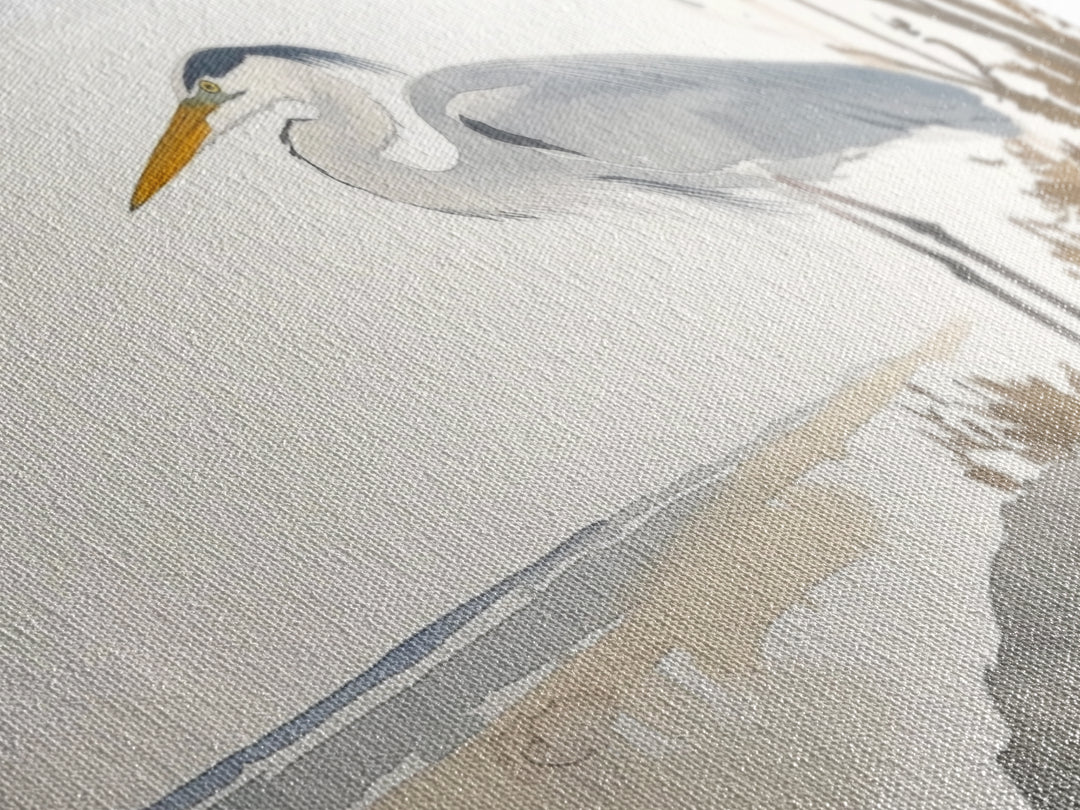 Coastal Great Blue Heron Wall Art, Serene Beach Landscape Watercolor, Nautical Bird Print, Beach House Living Room Decor