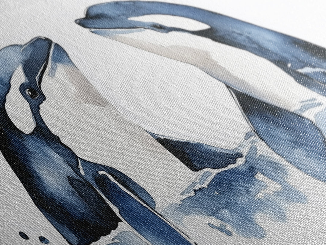 Two Orca Whales Rising From Blue Water Canvas Print, Minimalist Ocean Animal Wall Art, Coastal Nursery Decor, Gift For Her