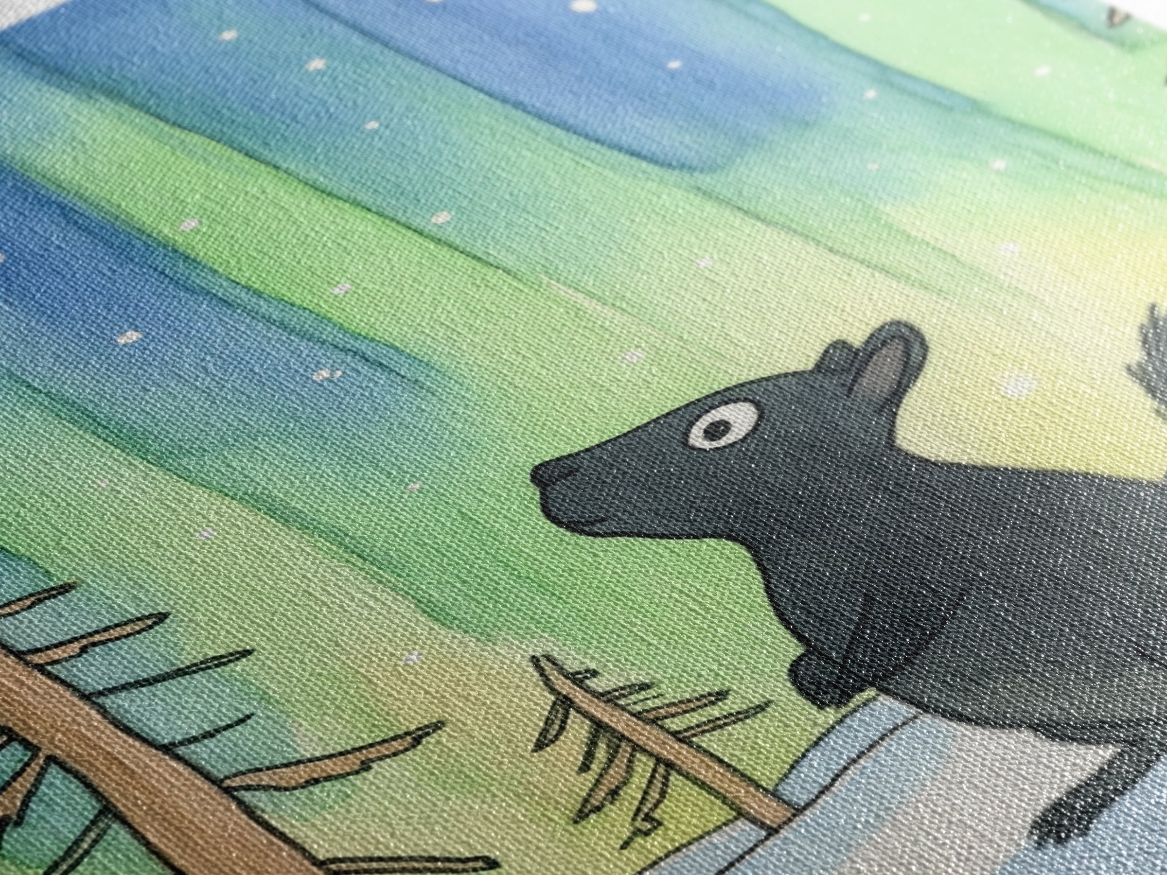 Whimsical Black Squirrel Aurora Wall Art, Northern Lights Nursery Decor, Woodland Animal Print, Winter Forest Kids Room Art