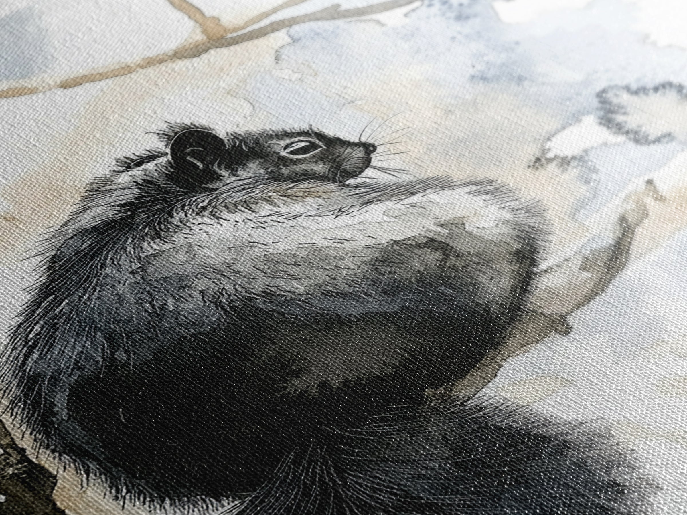 Black Squirrel Winter Branch Wall Art, Watercolor Wildlife Print, Rustic Nature Decor, Woodland Animal Art, Cabin Poster