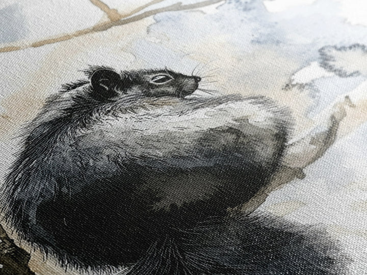 Black Squirrel Winter Branch Wall Art, Watercolor Wildlife Print, Rustic Nature Decor, Woodland Animal Art, Cabin Poster